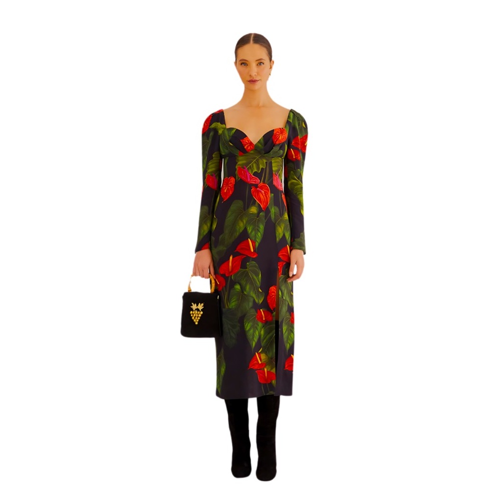 NWT 🏷️ Farm Rio Black Anthurium Slit Midi Dress🌺🦜 - Picture 6 of 6